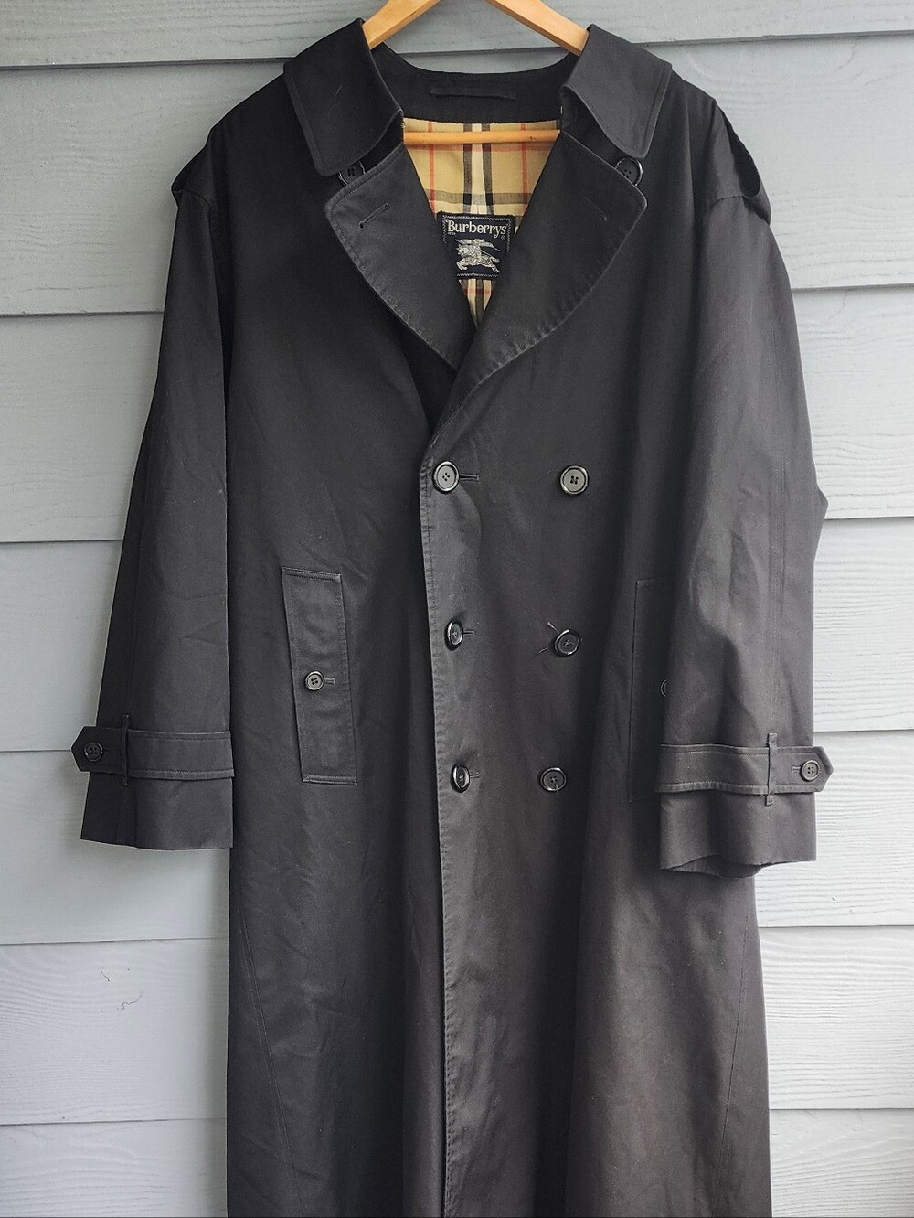 Burberry's Double-Breasted Long Trench Coat with Signature Check Lining Sz 40R